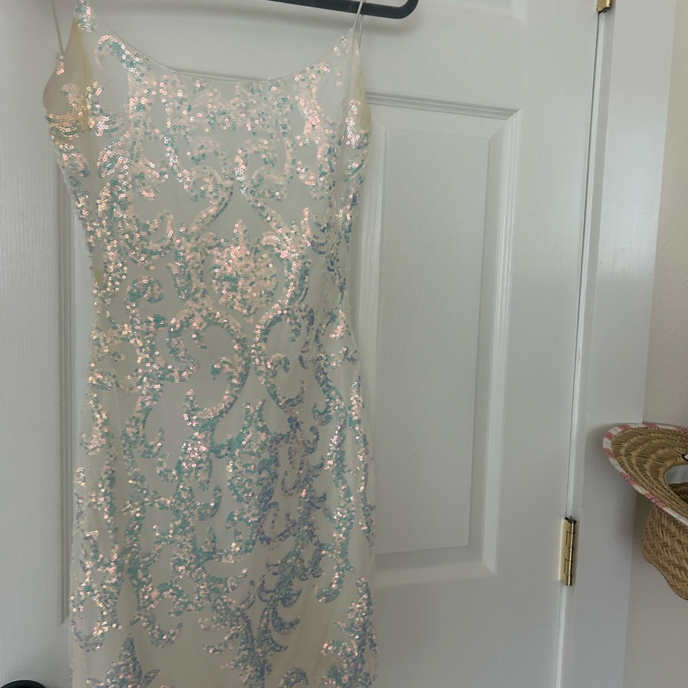 B Darlin White Dress with Iridescent Sequins